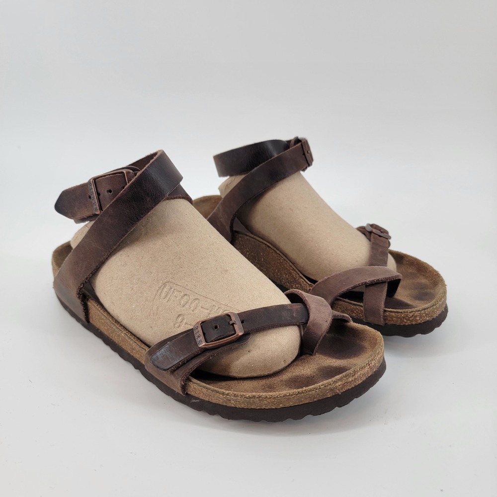 Birkenstock Yara Sandals Women 39 8 Habana Brown Oiled Leather Ankle Strap Toe